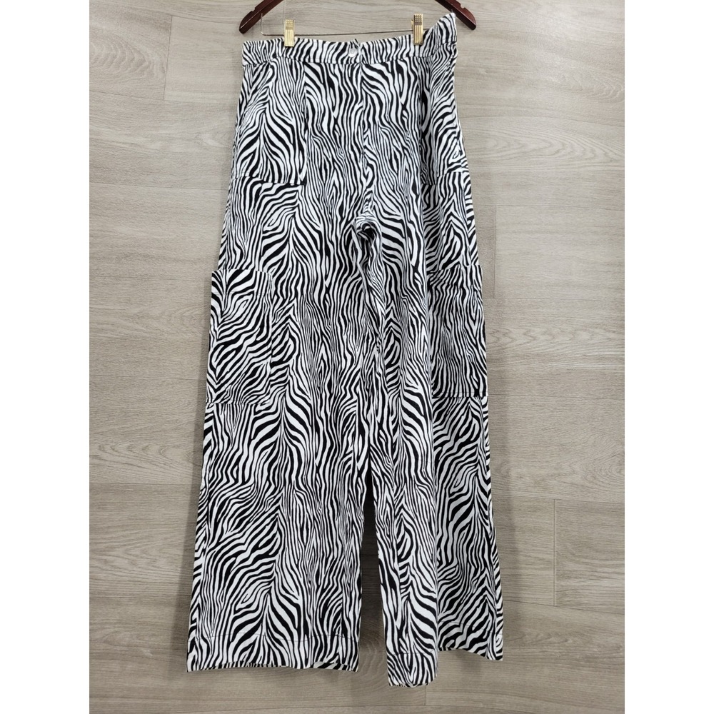 Michael Kors Zebra Linen Cargo Pants Women's Large Black White Wide Leg
